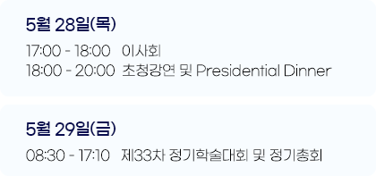 2024년 5월 24일(금) 정기학술대회 전야제: 17:00~18:00 이사회, 18:00~20:00 전야제. 2024년 5월 25일(토) 제31차 정기학술대회: 08:30~17:20 학술대회 및 정기총회